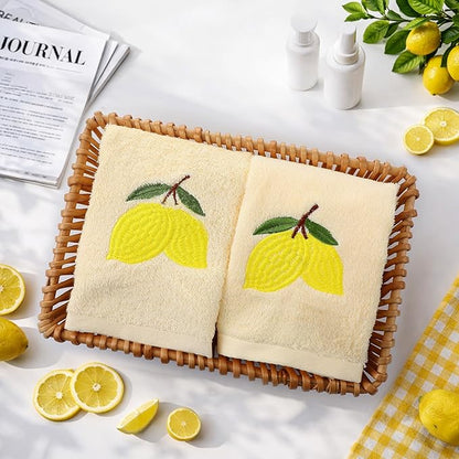2 Pcs Lemon Hand Towels Lemon Yellow Bathroom Decor 14x29 Inch Embroidered 100%