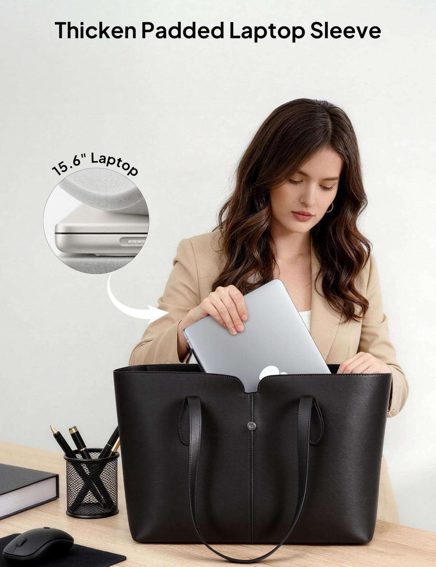 TOPEAST Laptop Tote Bag for Women, 15.6-Inch Work Bags with Removable Laptop Sleeve, Soft Leather Teacher Tote Bag with Compartments, Lightweight Computer Bag for Office, School, Briefcase, Black