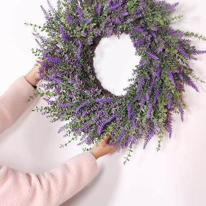 26'' Large Eucalyptus and Lavender Wreath for Front Door, Porch, Window- Artificial Eucalyptus Leaves with Lavender Wreath for Home, Farmhouse Wall Decor- Spring, Summer, Fall, All Seasons (Purple)