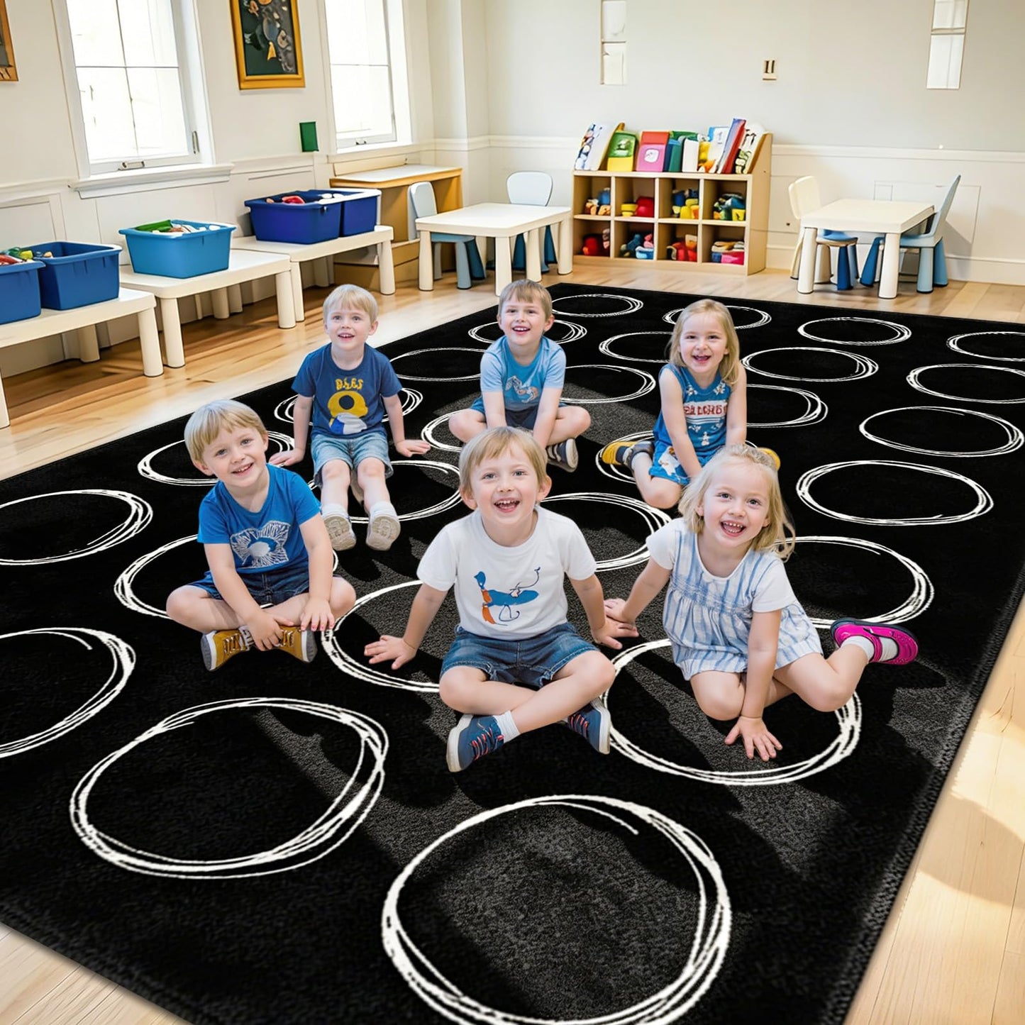 7.6x12 ft Large White Circles Abstract Classroom Rug Black and White Educational Area Mat Circle on Black Play Carpet Back to School Learning Mat for Preschool Playroom Nursery Kindergarten(Circles)