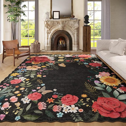 Washable Rugs for Living Room: 8x10 Area Rugs for Bedroom Soft Ultra Thin Stain Resistant Non Slip Low Pile Lightweight Vintage Floral Carpet for Dining Room Decor (Black)