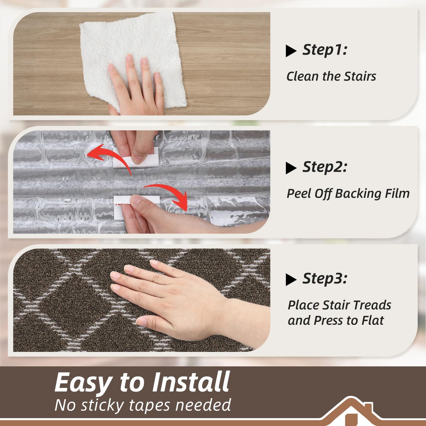 BEQHAUSE Stair Treads Non Slip Stair Runners for Wooden Steps Machine Washable Stair Rugs Soft Polyester Stair Runner Mats for Dogs Kids Brown Carpet Stair Treads,4PCS