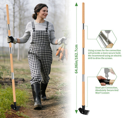 Weed Puller Tool with Long Bamboo Handle, 2 in 1 Garden Hoe&Manual Weed Remover, Weed Rake&Grabber, Gardenia Heavy Duty Uprooting Tool for Yard, Lawn and Garden, 65Inch ﻿