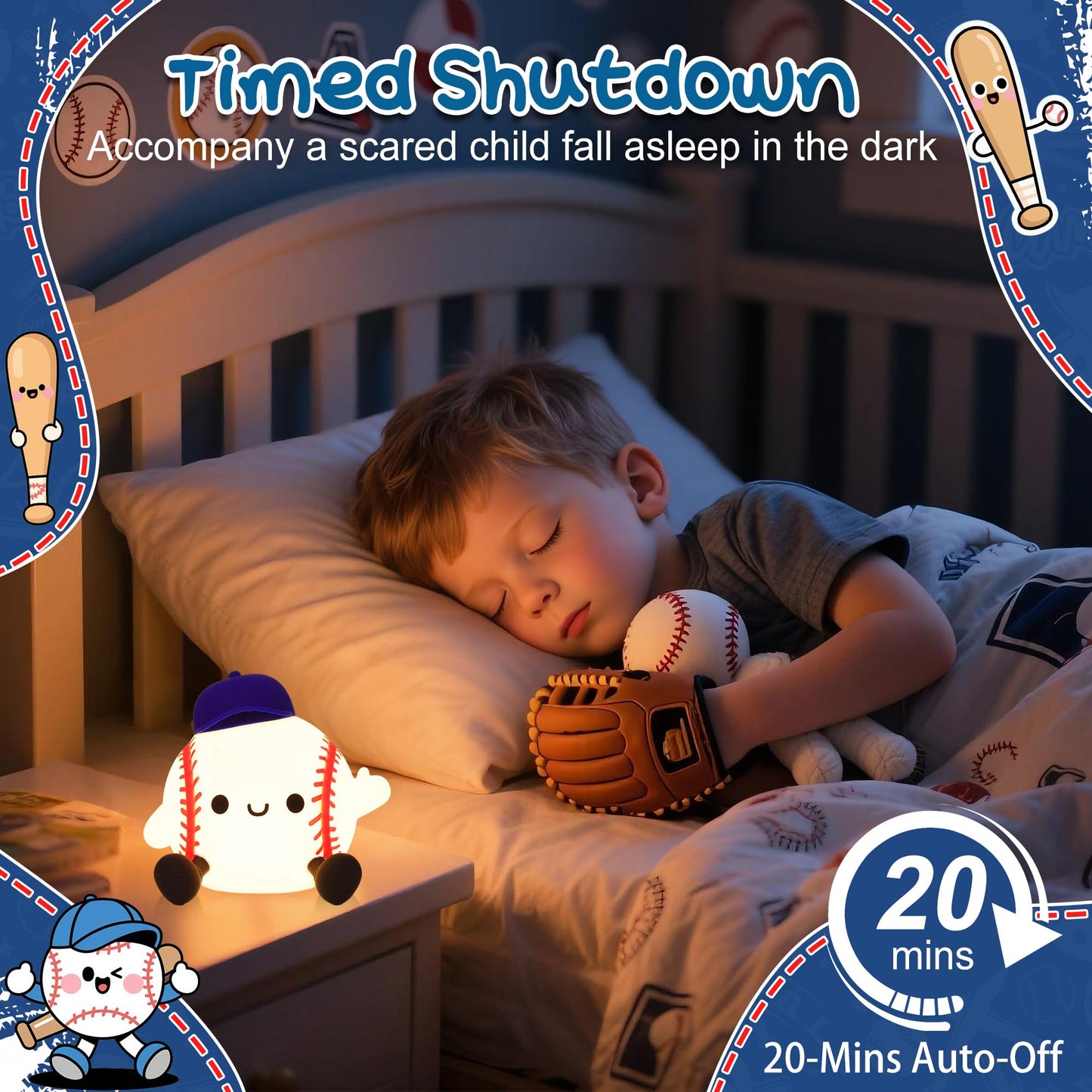 Okayera Baseball Night Light, Sports Baseballs Gifts for Baseball Fan, Soft Silicone Rechargeable LED Touch Lamp, Nursery Bedroom Bedside Decor for Boys Baby Kids Teen Sport Lover Xmas Birthday Gifts