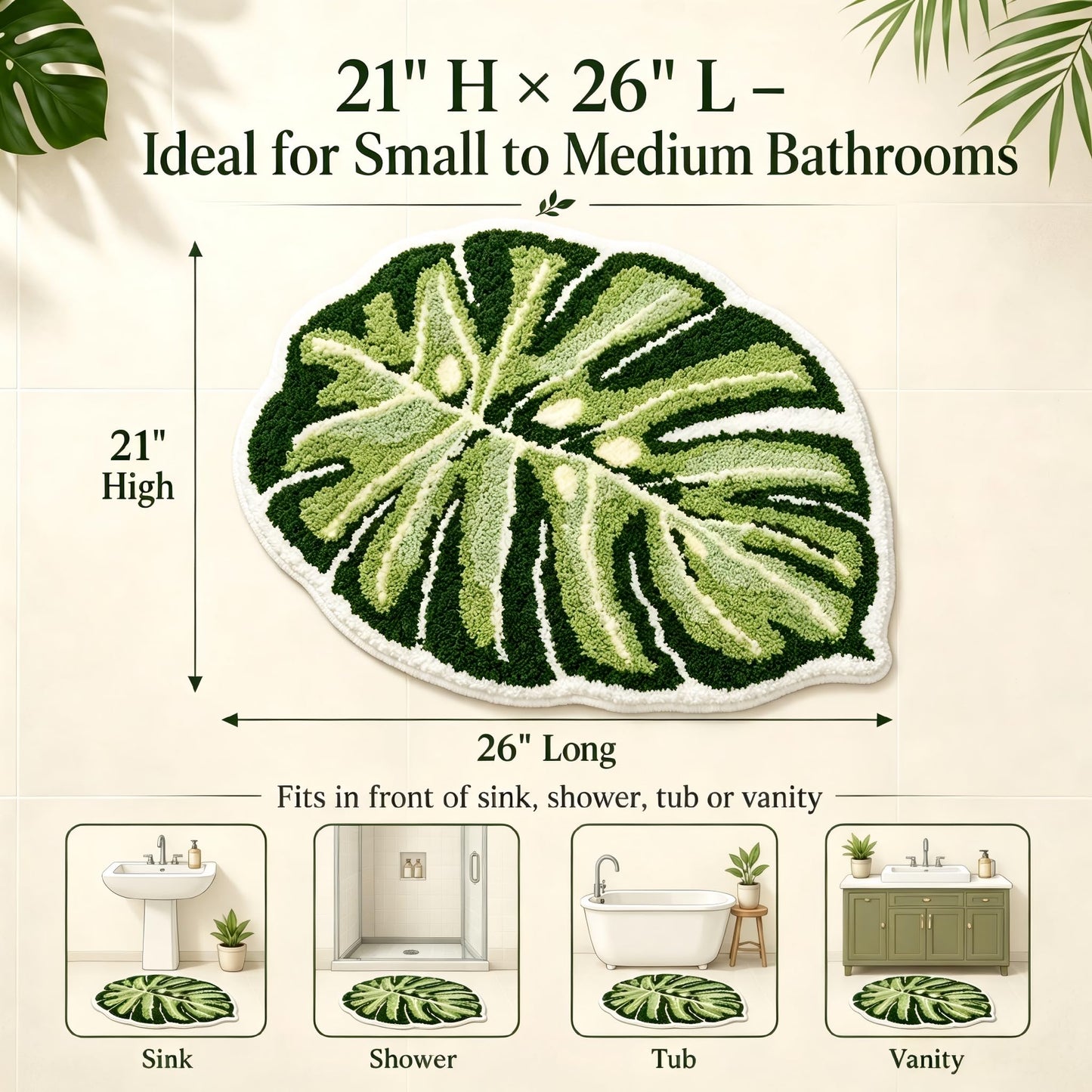 Softania Monstera Bath Mat, Green Leaf Bathroom Rug, Soft Non Slip Washable Plant Bath Mat for Tropical Green Boho Bathroom Decor (21" x 26")