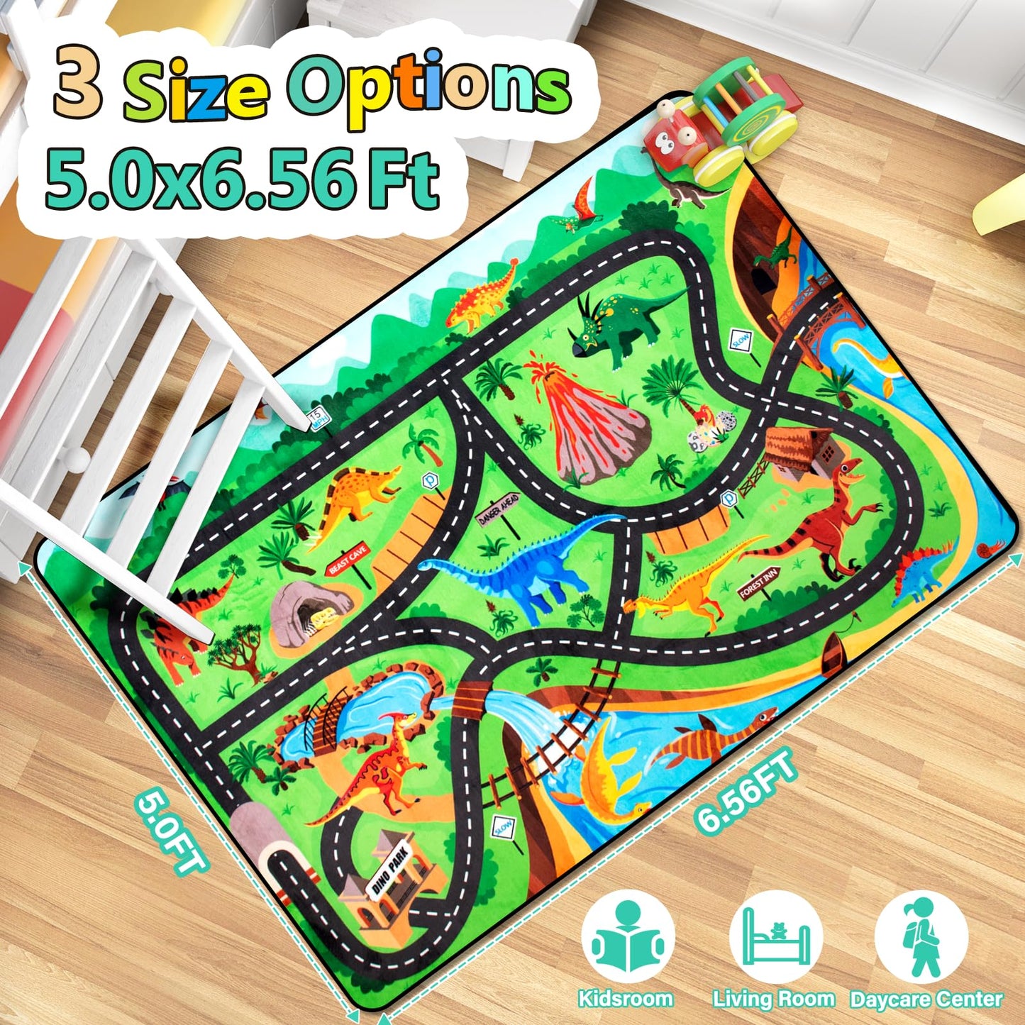 Diysani Kids Rug, Car Carpet for Kids' Toy Cars, 5x7 Ft Dinosaur Rug, Dino Safari Road Mat for Playroom, Educational Learning & Game Area Playmat Carpet for Children