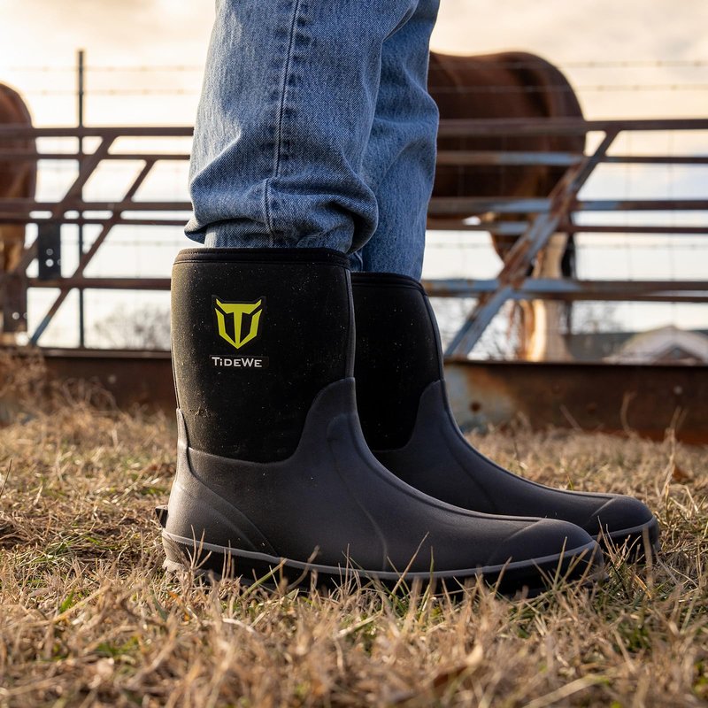 TIDEWE Rubber Boots for Men, 5.5mm Neoprene Insulated Rain Boots with Steel Shank, Waterproof Mid Calf Hunting Boots, Sturdy Rubber Work Boots for Farming Gardening Fishing (Black Size 7)