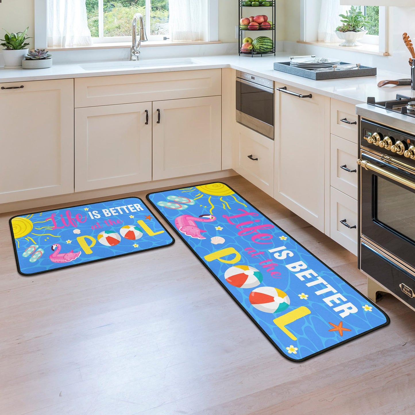 flippana Summer Kitchen Rugs and Mats for Floor, Summer Decorations for Home, 2 Pcs Non-Slip Backing Life is Better at The Pool Mat Rug Sets with Runner 17"x47.2"+17"x30"