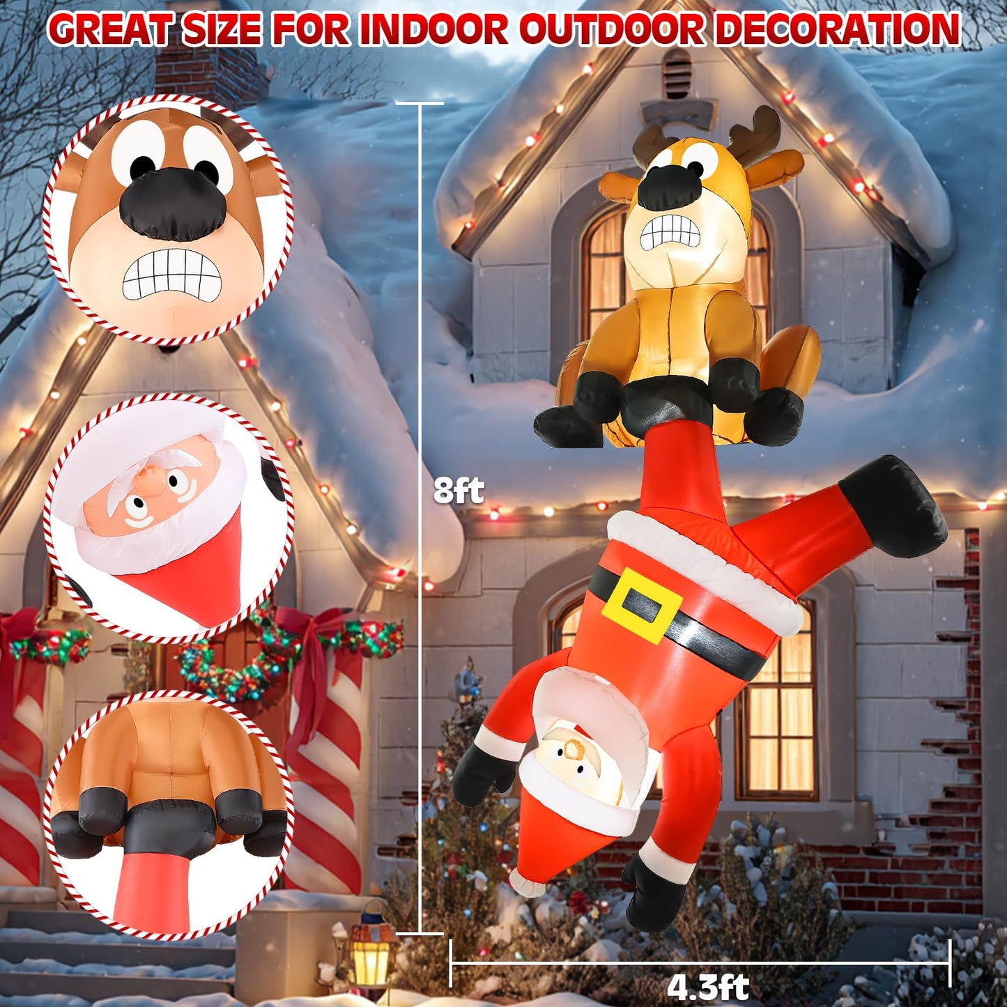 Wabolay Christmas Inflatable Climbing Santa Claus & Reindeer Outdoor Decorations 8 FT Giant Funny Hanging Blow Up Yard Inflatables Xmas Party Blowups with Led Holiday Outside Garden Lawn Roof Decor