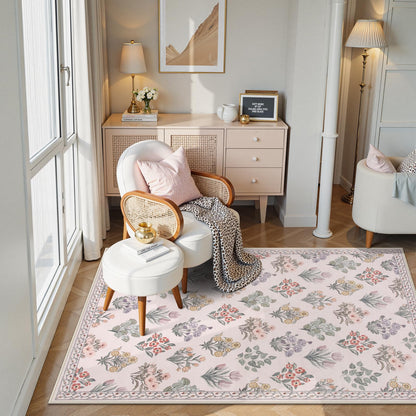 Wonnitar Pink Rugs for Bedroom Girls Nursery, Floral Print 5x7 Washable Rug, Boho Ultra-Thin Non Slip Soft Cozy Carpet for Room Decor Kids Playroom Office Living Room, Pale Pink