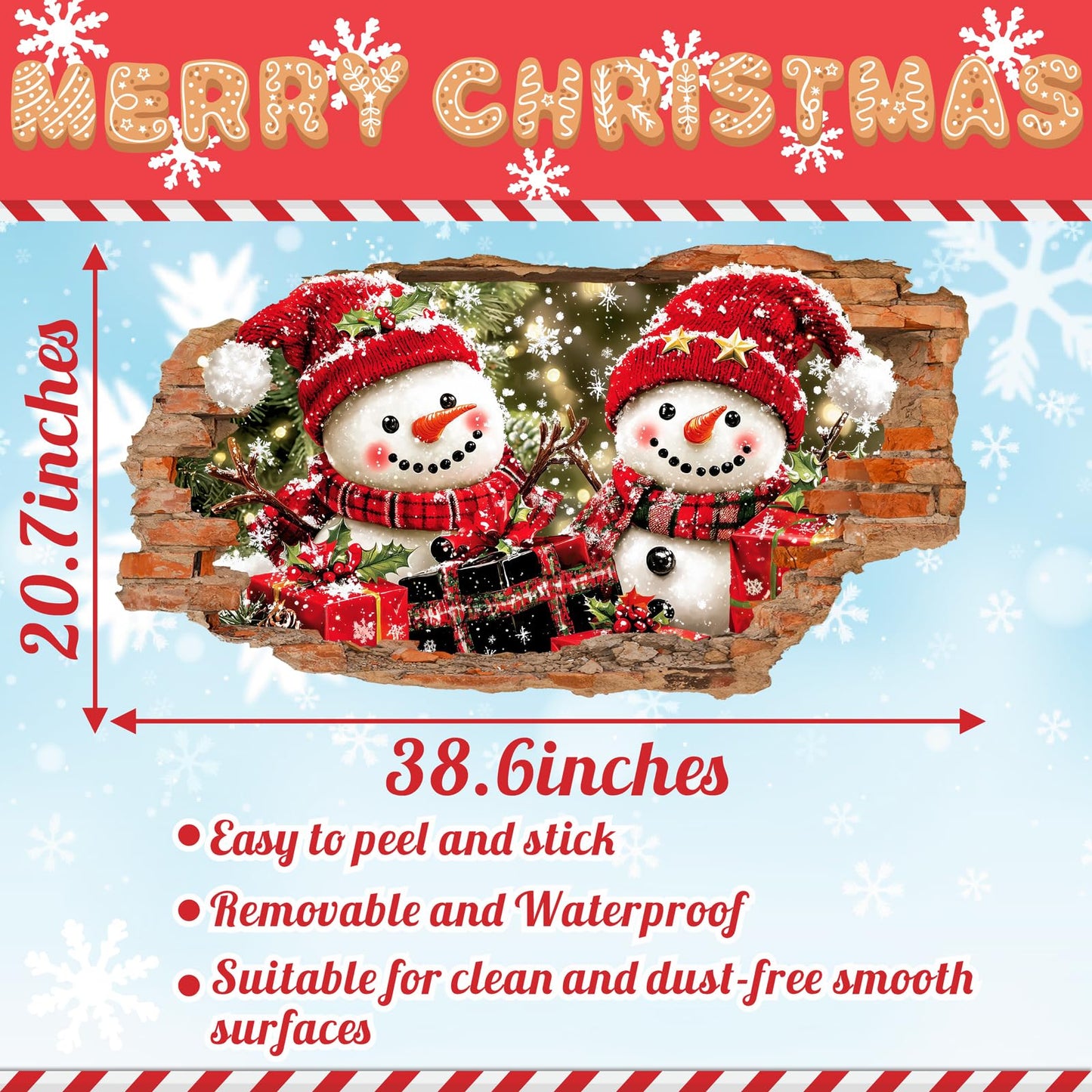 Christmas Wall Decoration Stickers Large Snowman Wall Decals Peel and Stick Xmas Indoor Home Office Decor 3D Winter Wall Sticker Merry Christmas Art Mural for 2026 New Year Holiday Kids Party Supplies