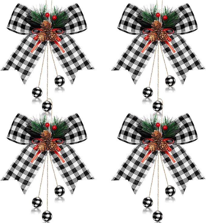 Xinnun 4 Pieces Christmas Buffalo Plaid Bows with Pine Cones Pine Needles Xmas Plaid Bow Ornament Christmas Tree Wreath Decoration for Holiday Parties DIY Crafts Home Decor (White,Black)