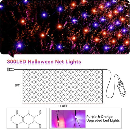 LitHome 14.8FT x 5FT Halloween Net Lights, 300 LED Purple Orange Bush Lights with 8 Modes, Connectable Waterproof Net Mesh Light Dark Green Wire for Bushes Shrubs Trees Outdoor Holiday Decor