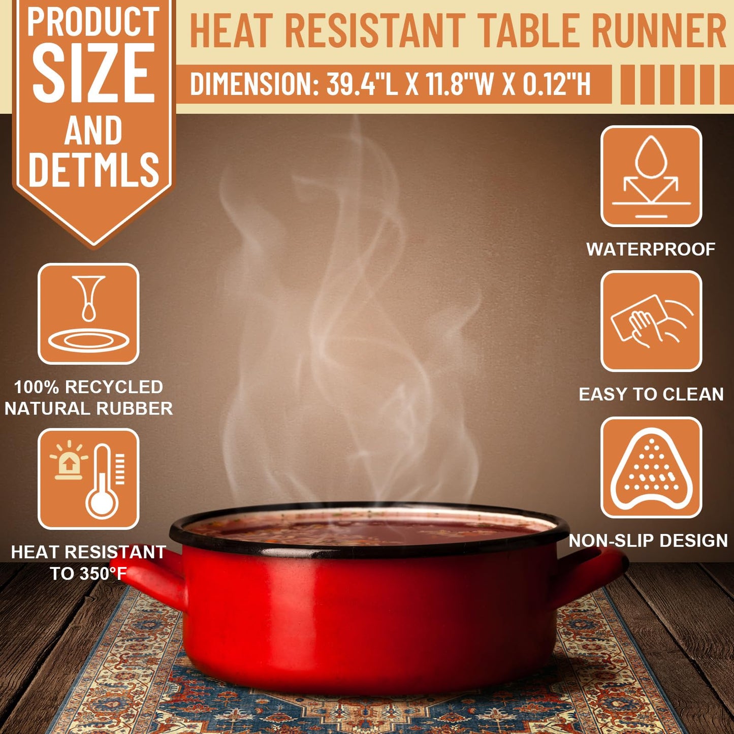 SmoothNovelty Boho Heat Resistant Table Runner 39.4 x 11.8 Inch Faux Leather & Rubber Waterproof Table Protector Pad Heat Proof Trivet 350f for Hot Plates and Pots from Scratch