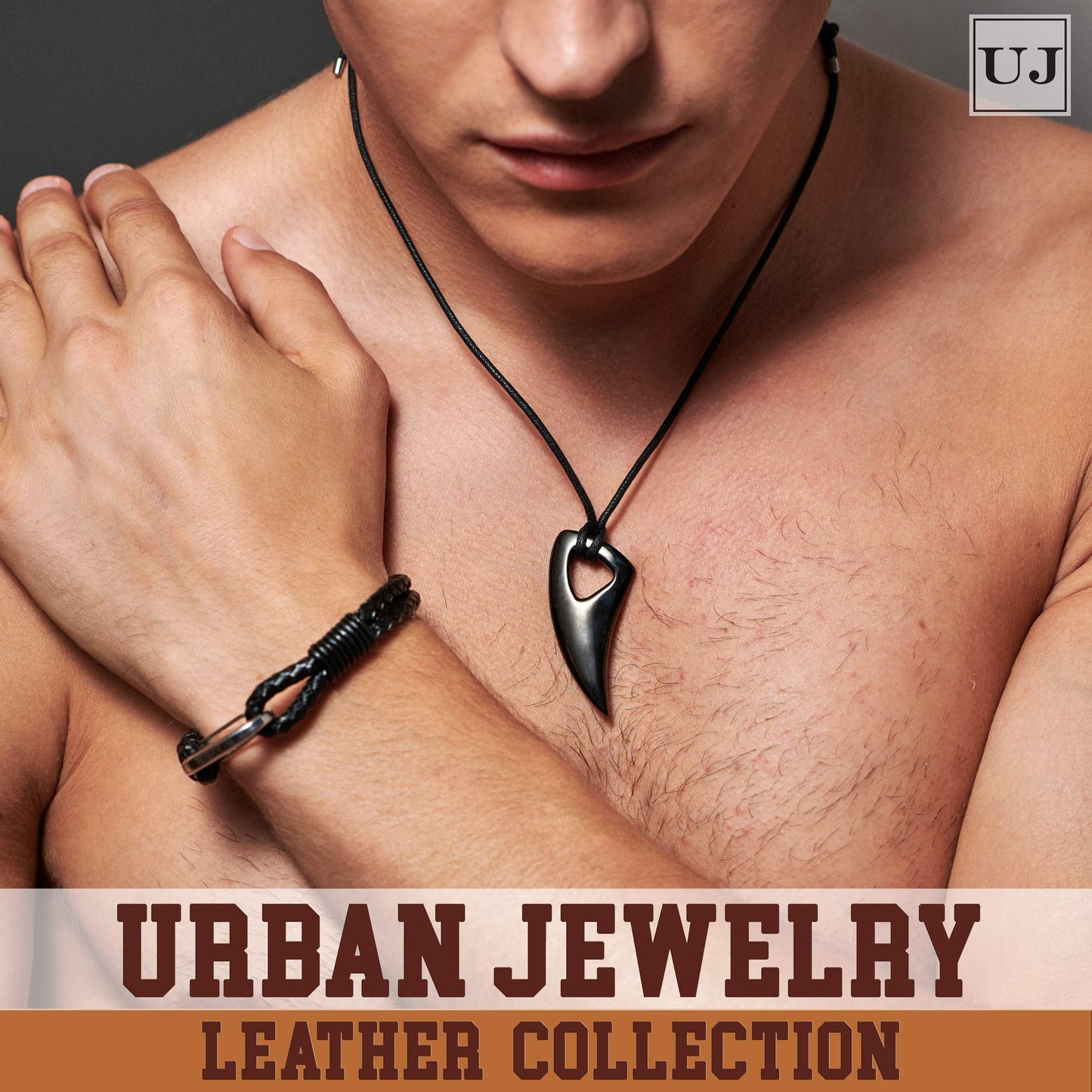 Urban Jewelry Braided Black Genuine Leather Bracelet with Locking Stainless Steel Clasp (Black, Silver, Length 8")