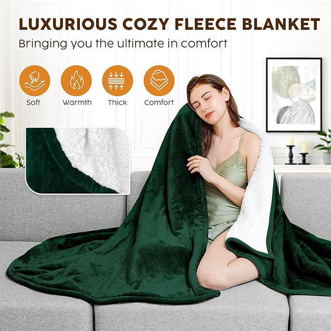 HYLEORY Heated Electric Blanket Twin 62"x84" Soft Fleece & Flannel with 5 Heating Levels & 10 Hours Timer Auto Shutt Off, ETL Certified, Washable，Heated Blanket for Body-Dark Green