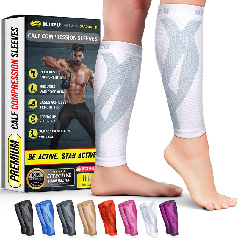 BLITZU Calf Compression Sleeve for Women and Men, Shin Splint Sleeves for Varicose Veins, Nursing, Pregnancy, Running, Footless Compression Socks Support for Calf Muscle Pain Relief White L-XL
