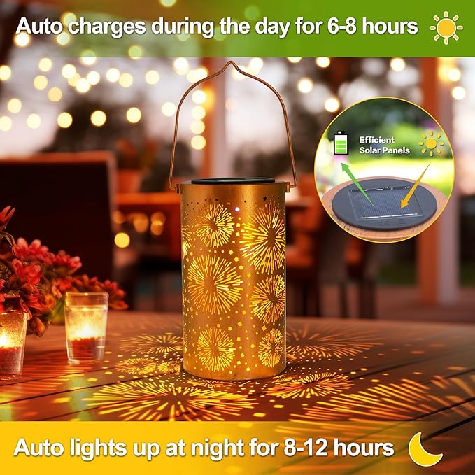 Fireworks Birthday Gifts for Women Mom Grandma Solar Lanterns Outdoor Waterproof Garden Decor Metal Hanging LED Decorative Light for Patio Yard Lawn Backyard Front Porch Gardening Gifts
