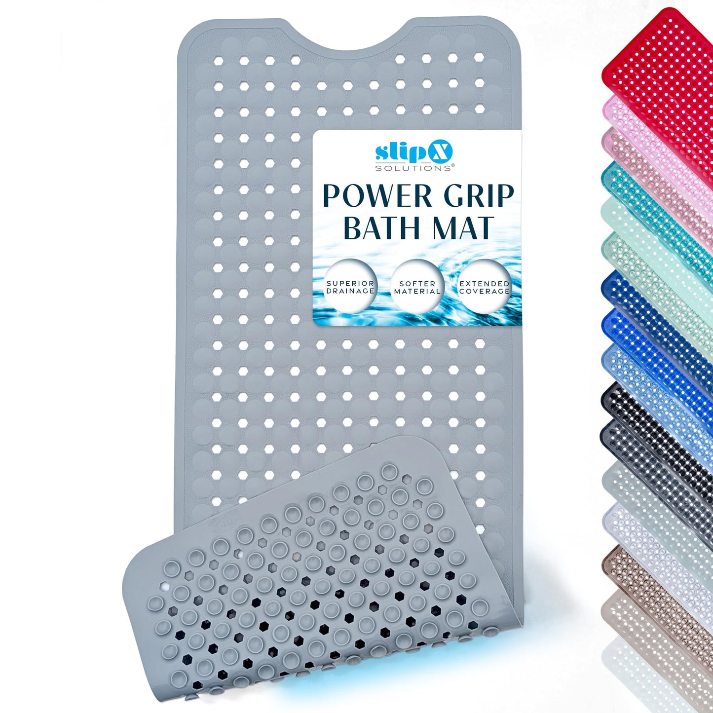 SlipX Solutions Power Grip Bathtub Safety Mat | Precision Grip Technology for Longer, Stronger, & Softer Wet Surface Protection | Solid Gray 39"x16"