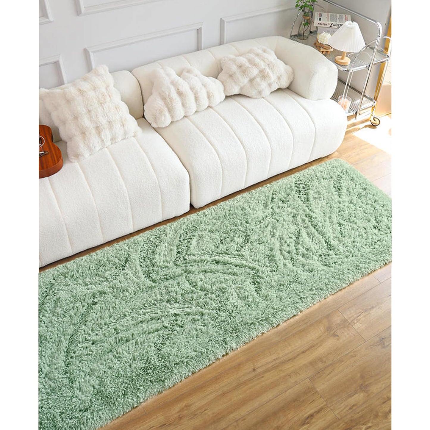 DweIke Fluffy Sage Green Runner Rugs for Bedroom, 2x6 Feet Soft Plush Long Runners for Girls Boys Kids, Non-Slip and Machine Washable Bedside Rug, Small Throw Carpet for Hallway Rooms Decor
