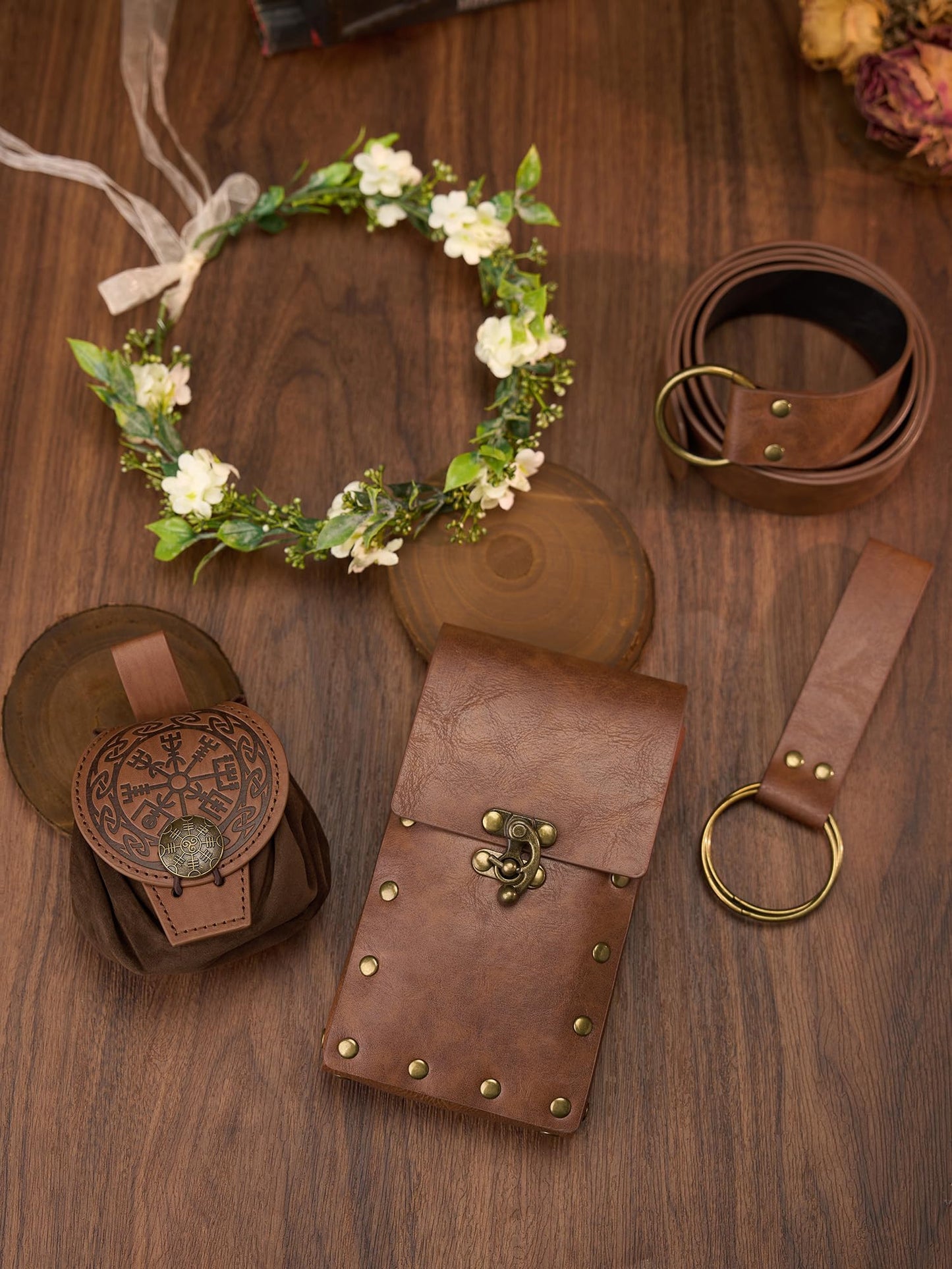 YESSA Renaissance Accessories,Medieval Viking Leather Belt Pouch Coin Purse,Ren Faire Headpiece Phone Holder Waist Bag Halloween Cosplay Pirate Costumes Set,Brown