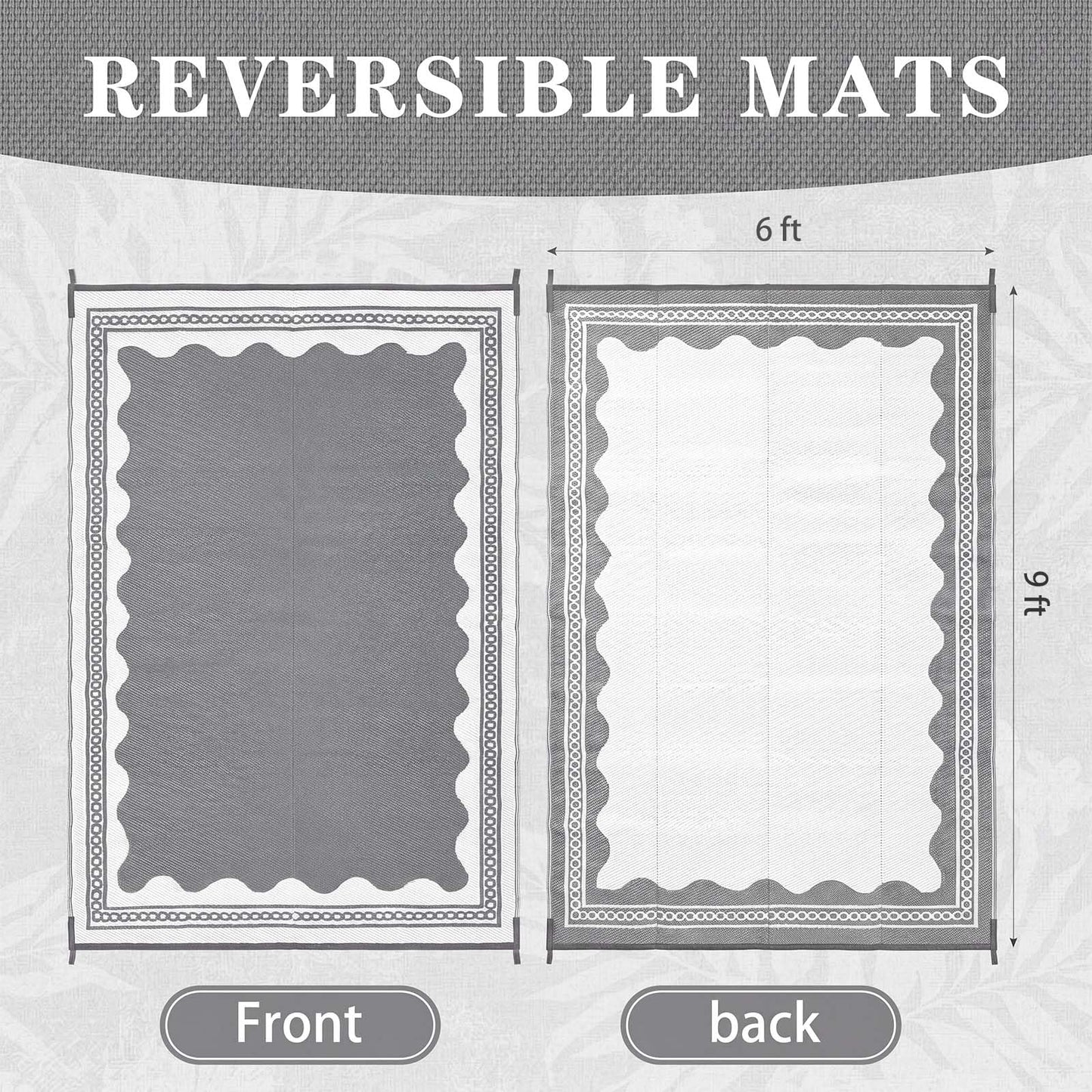 Dunzy Scalloped Outdoor Patio Rug, 6 x 9 ft Non-Slip Reversible Plastic Straw Pool Rug Indoor Outdoor Area Mat for Outside Rv Camping Deck Pool Beach Porch Backyard (Grey, White)