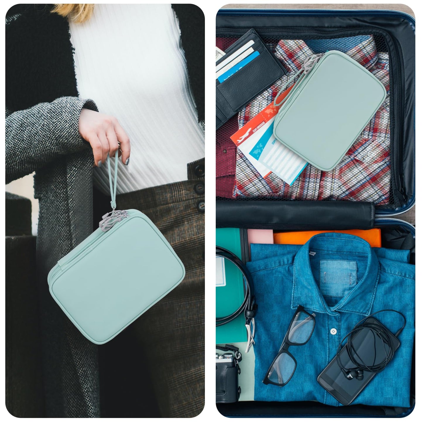 Bevegekos Tablet Accessories Case Bag, Travel Large Electronics Organizer for Chargers & Cords, Cables, 7.9 Inch Tablet, Airplane Essentials, 2 Layers (Mint Green)