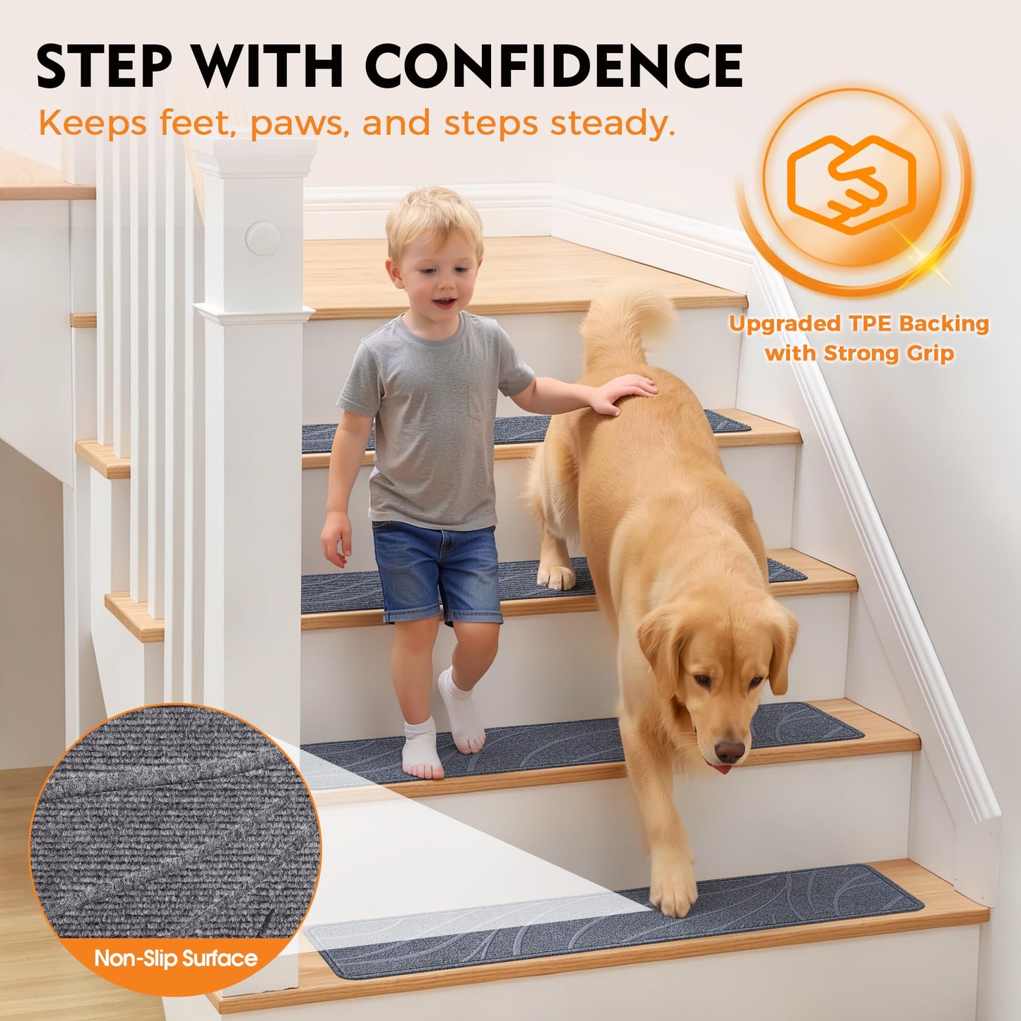 ComfyInLove Stair Treads for Wooden Steps, 15 PCS 8"x30", Non-Slip Indoor Stair Runners, Washable & Reusable Stairs Carpet Rugs with TPE Backing, No Residue, Safe for Kids, Pets, Seniors (Gray)