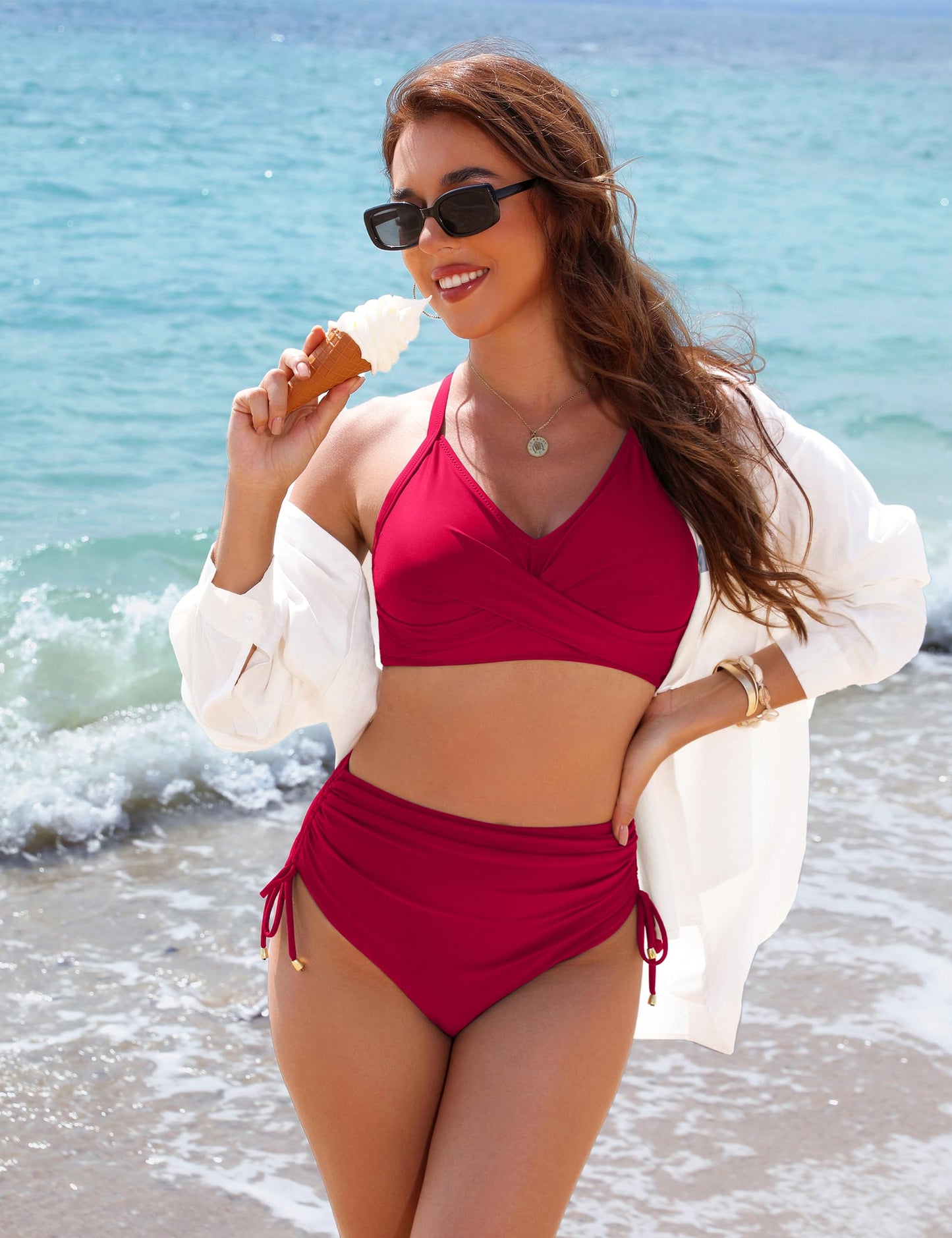 Blooming Jelly Womens High Waisted Bikini Sets Cross Tummy Control Swimsuits Tie Back Swim Suit (Small, Red)