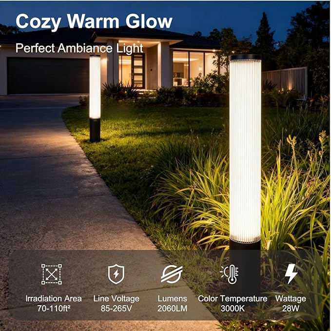 SkyGlow Bollard Light, 120V Line Voltage 32" Aluminum LED IP65 Waterproof Outdoor Modern Landscape Path Lights Hardwired Curb Appeal for Garden Lawn Patio Courtyard Driveway Pathway Lighting