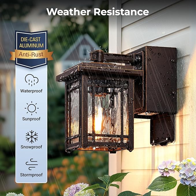 Front Porch Lights with GFCI Outlet, Oil Rubbed Bronze Dusk to Dawn Outdoor Wall Lantern, Anti-Rust Outdoor Garage Lights Wall Mount, Exterior Sconce Lighting Fixtures with Water Ripple Glass