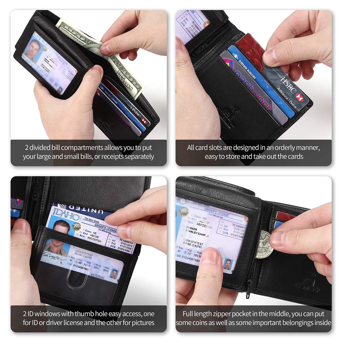CALFART Slim RFID Blocking Leather Wallet for Men, Front Pocket Bifold Wallet with Zipper Coin Pocket and 2 ID Windows, Credit Card Holder