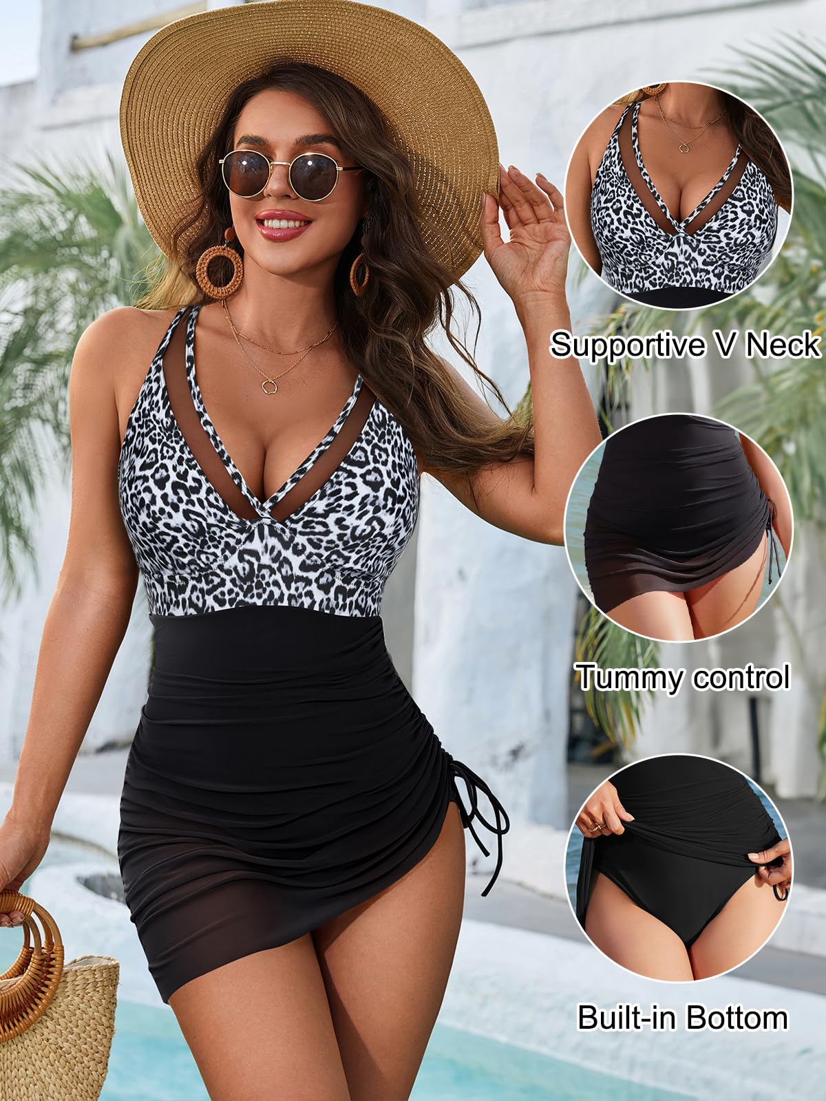 Blooming Jelly Women One Piece Swim Dress Tummy Control Swimsuits Modest Mesh Sheer V Neck Swimdress (M, Black Leopard)