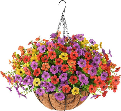 Artificial Faux Hanging Plants Flowers Basket for Spring Summer Outdoor Decoration, Fake Silk Daisy in Planter Realistic UV Resistant Look Real for Porch Home Patio Balcony Yard(Multicolor)