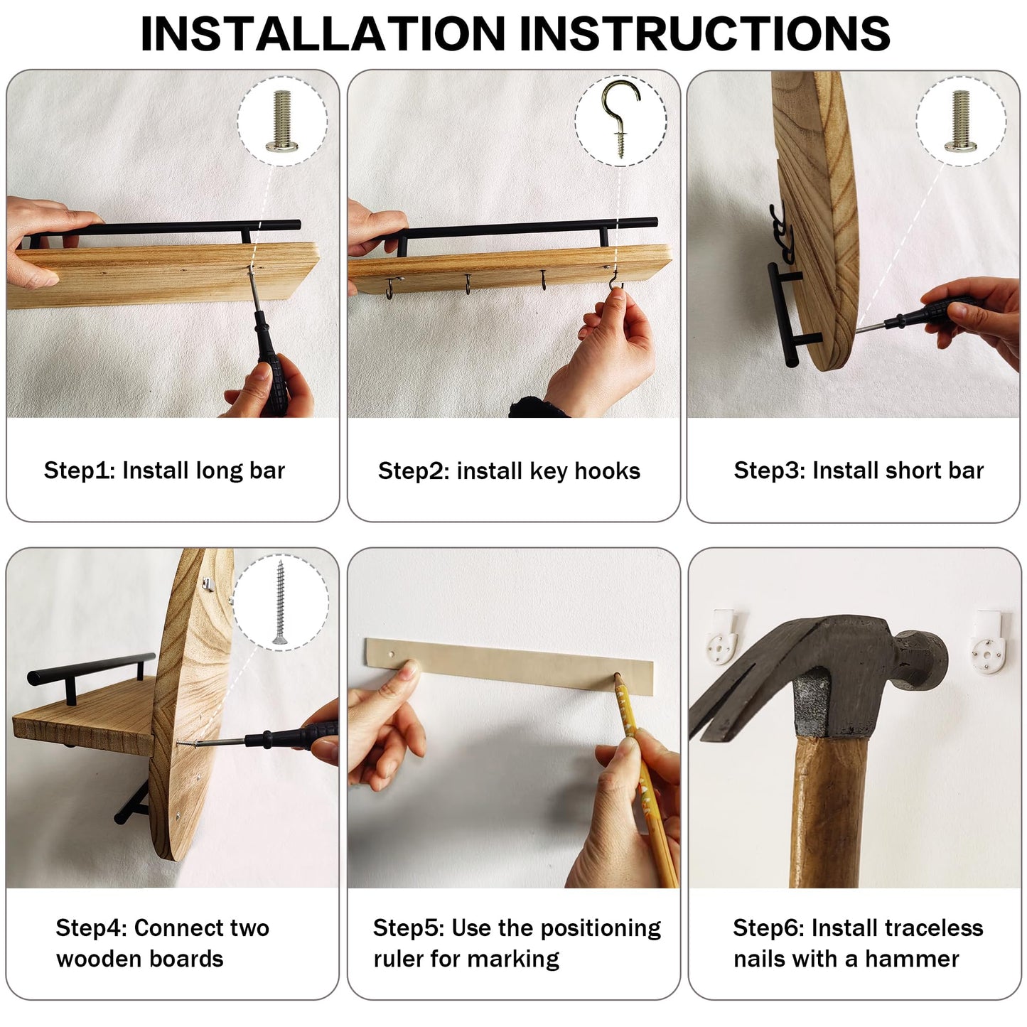 Key Holder for Wall Decorative with Shelf and Hooks, Mail Organizer Wall Mount with Sunglasses Holder, Circular Design Entryway Key Rack Hanger, Rustic Home Decor Boho Wall Decor (White)