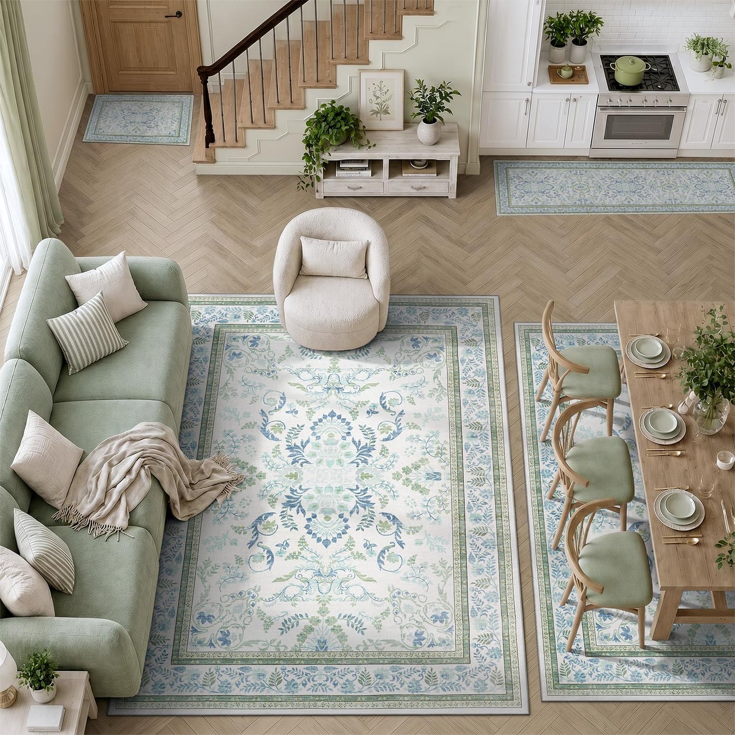 DCX Green 9x12 Rug, Kid & Pet Friendly with Rubber Back Non Slip, Machine Washable Stain Resistant Botanical Floral Rug for Living Room, Bedroom, Soft Low Pile Large Nursery Carpet