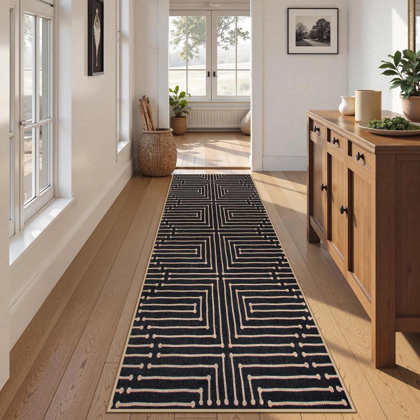 Lahome Maze Lines Easy Jute Washable Runner Rug, 2x8 Kitchen Runner Rug for Hallway, Non Slip Indoor Outdoor Rugs for Entryway Indoor, Black Low Pile Front Door Carpet for Laundry