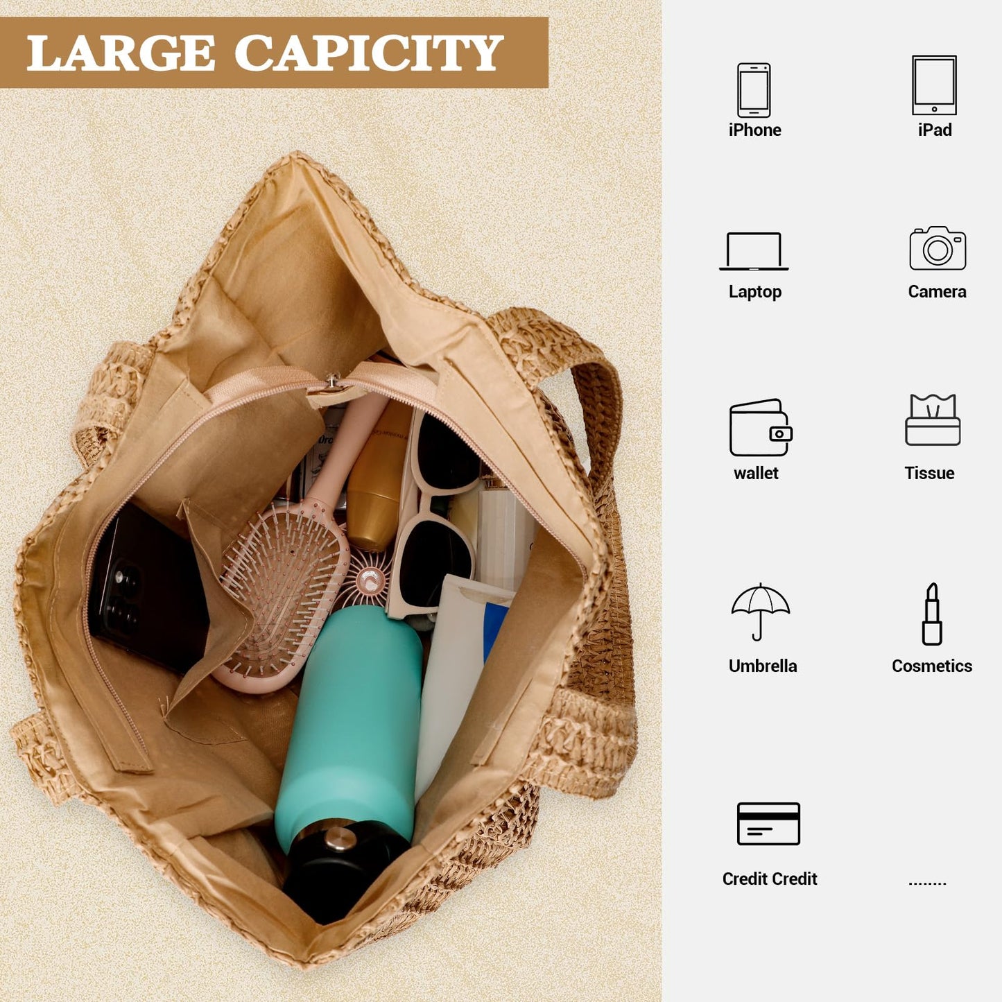 Tavaleu Straw Beach Bags for Women, Large Beach Bag Summer Woven Tote Bag Travel Shoulder Handbags for Holiday