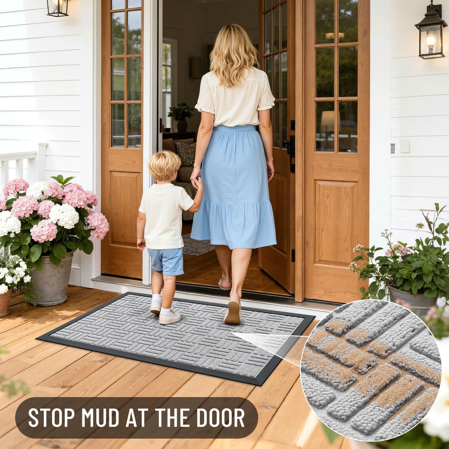 OLANLY Front Door Mat Outside Entrance 29.5x17, Absorbent, Heavy Duty Sturdy Natural Rubber Doormat Indoor Outdoor, Non-Slip, Stain and Fade Resistant, Low Profile Floor Mat for Entryway, Light Gray