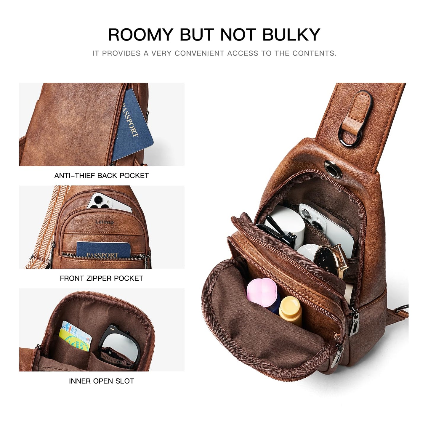 LATMAP 7L Sling Bag For Women Faux Leather Anti Theft Small Casual Daypack Backpack Fanny Pack Crossbody Chest Bags Purse Waterproof Brown