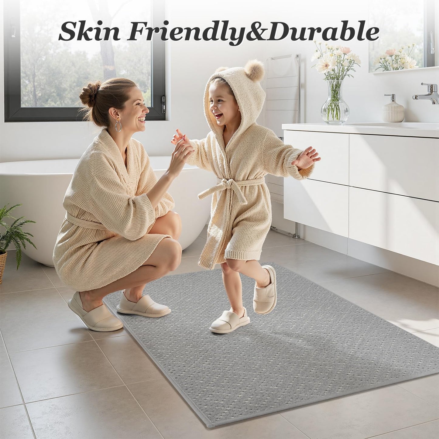 AMOAMI Thin Bath Mat, Super Absorbent Bath Mats for Bathroom, Quick Dry Rubber Backed Bath Rug Non Slip, Chenille Surface Thin Bathroom Rugs Fit Under Door,Low Pile Shower Rug,Grey,17" x 28"
