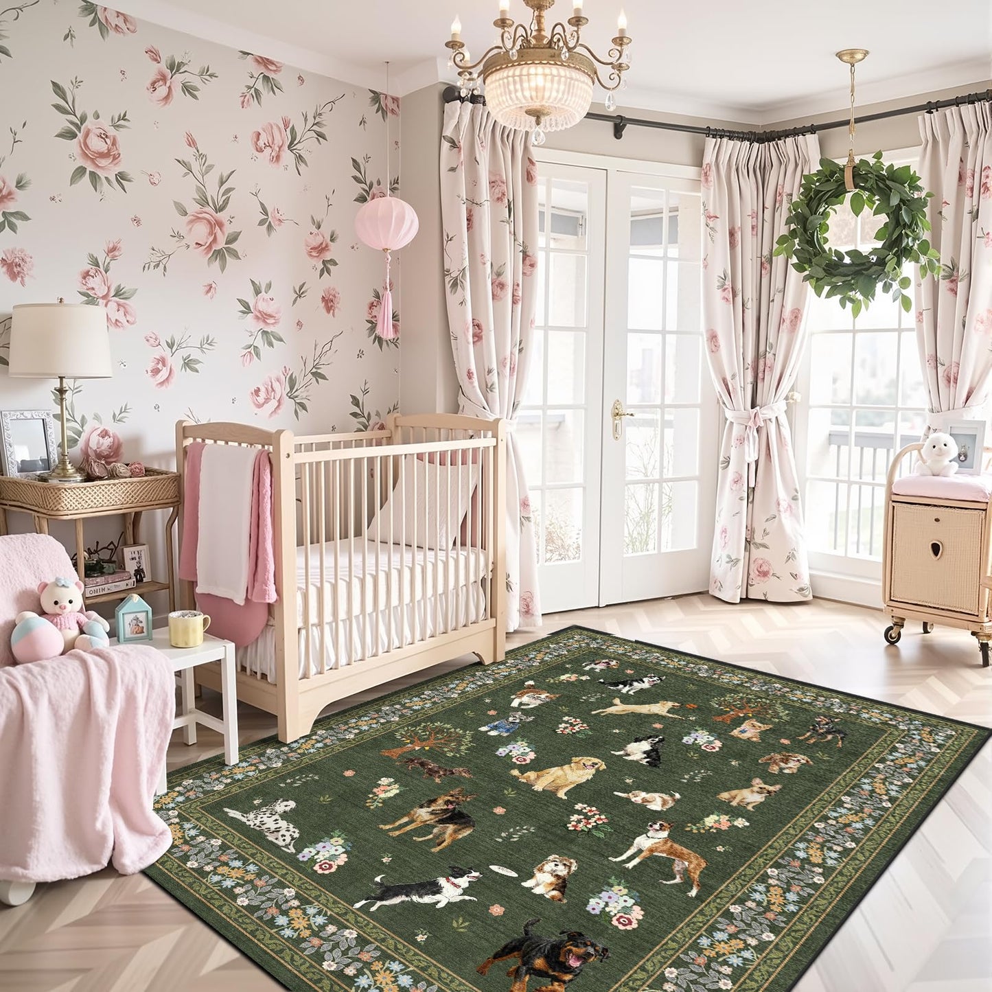 Floral Dog Machine Washable Rug Dark Green, 3x5 Rug Non Slip Soft Bedroom Rugs for Entryway Dorm, Ultra-Thin Rugs for Bedroom Stain Resistan(3 x 5, Dark Green)
