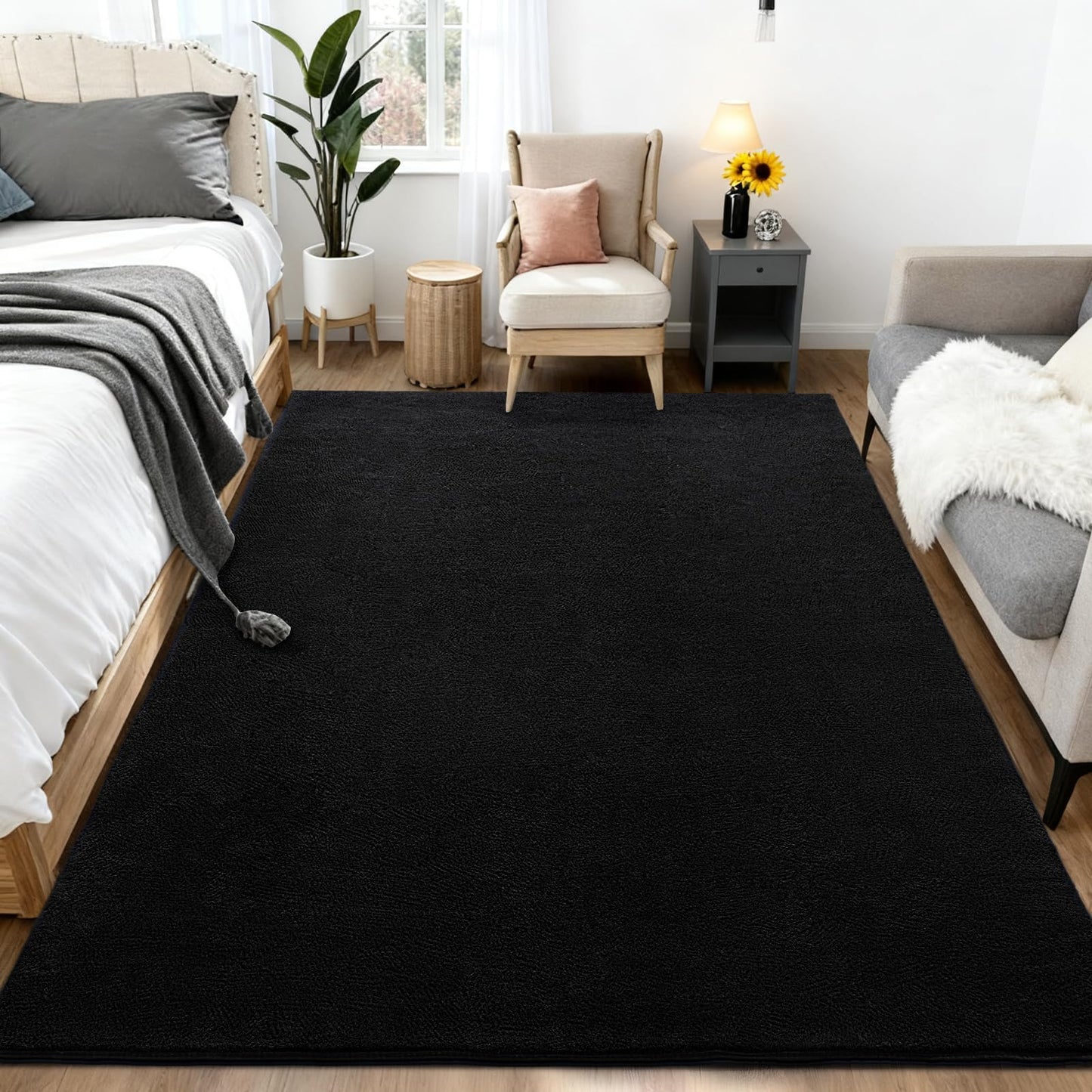 QDUIDU Large Area Rugs for Bedroom Living Room - 5x8 Feet Ultra Soft Black Rug Thickened with Memory-Foam, Solid Modern Minimalist Carpets for Home Decor, Non-Slip and Comfy Nursery Room Rugs