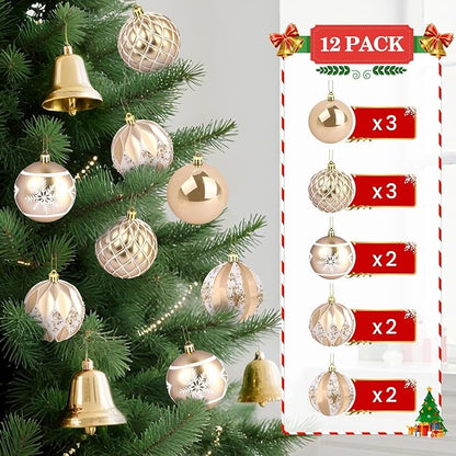 EveryMerry 12-Pack 3.15 Inch Christmas Ornaments Set - Champagne White Ornament Balls with 5 Various Designs with Strings, Sturdy, Kraft Box with Lid for Xmas Tree, Holiday Party & Home Decor