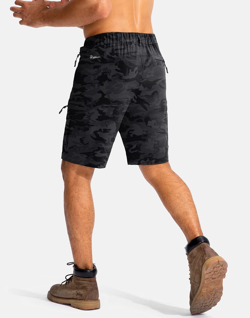 Pudolla Men's Hiking Cargo Shorts 9" Lightweight Outdoor Work Shorts for Men Travel Golf Camping Casual with 5 Zipper Pockets(Black Camo Small)