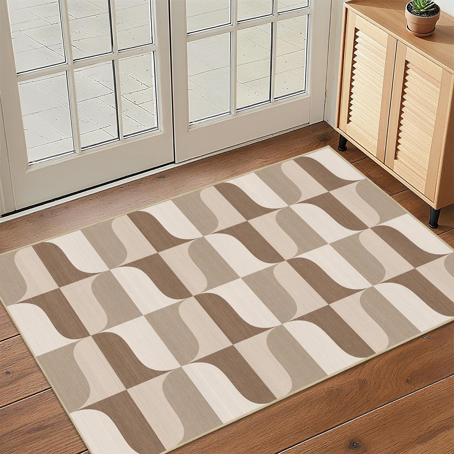 Modern Geometric 2x3 Rug for Entryway Neutral Beige Brown Abstract Mid Century Modern Area Rug Machine Washable Door Mat Small Rugs Non-Slip Printed Low-Pile Floor Carpet for Bathroom Kitchen Laundry