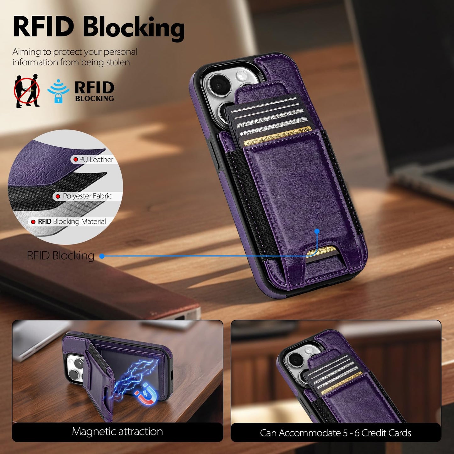 SkyEagle Compatible with iPhone 13 Pro Wallet Case with Card Holder,Women Men Phone Case PU Leather RFID Blocking Shockproof Magnetic Flip Cover Credit Card Slots Kickstand,for Apple 13 Pro,DarkPurple