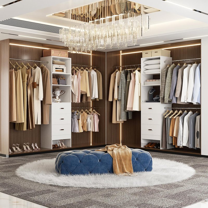 Besiost 96'' Closet Organizer System with 3 Hanging Rods, 8FT Closet Organizers and Storage with 3 Wooden Drawers, Built in Closet Organizer Systems, Adjustable Walk-in Wardrobe from 5-8FT, White