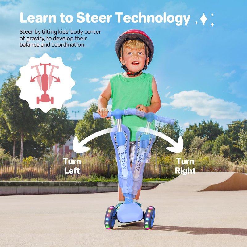 TONBUX Kids Scooter with Seat, 3 Wheels Scooter with PU Luminous Wheels, Non-Slip Handle and Wide Deck, Sensitive Brakes, 4-Level Adjustable Height, Scooters for Kids 2–8 Years Blue