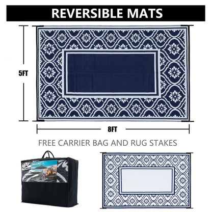 HUGEAR Outdoor Patio Rug 5'x8' Waterproof Outside Area Rugs Blue Reversible Plastic Straw Carpet for RV Deck Camping Entryance Porch Picnic Balcony Beach
